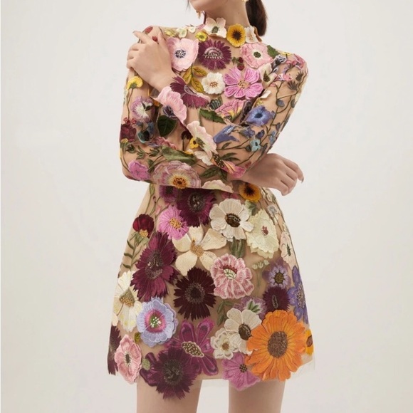 Embroidered Flowers Bell Skirt Mini Dress,  Designed With Luxury in Mind, 5⭐️ - Picture 3 of 17